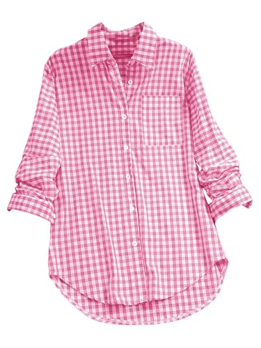 Aublinto Damen Karierte Bluse Langarm Karo Flanell Hemden Baumwolle Button-down Holzfäller Hemdbluse Retro Bluse mit Karomuster für Frauen Langarm Karreekragen Knopfdetail von Aublinto
