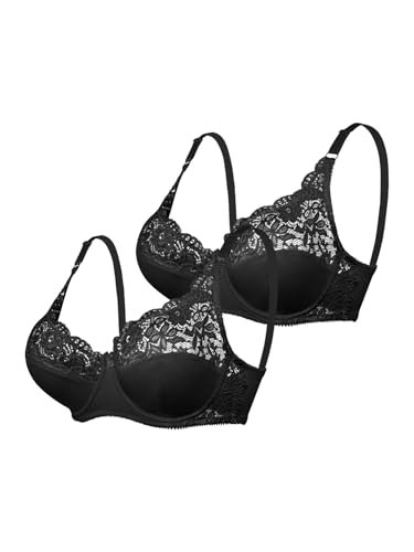 Aublinto Damen Spitzen-BH mit Bügel, verstellbare Träger, Sommer-Unterwäsche in Übergröße, atmungsaktive Cups, Bralette, weiblicher Push-Up-Büstenhalter, Schwarz + Weiß, 42/95E von Aublinto