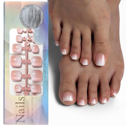Aublinto Falsche Fußnägel Kit Französisch Natürliche Künstlich Fußnägel zum Aufkleben Full Cover Toe Nails Tips für Frauen French Kurz Künstliche Nägel Falsche Nägel Fake Nails DIY 120 Stück von Aublinto