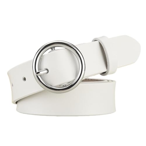 Aublinto Gürtel aus echtem Leder Damen Ledergürtel Klassischer Taillengürtel mit runder Schnalle Echtledergürtel Damengürtel für Jeans Hosen Damenbund Typ A Weiß 110cm von Aublinto