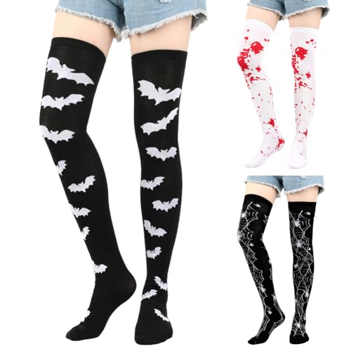 Aublinto Halloween Oberschenkelhohe lange Strümpfe über Kniestrümpfe Fledermaus Druck Strumpfhosen Cosplay Festival Party Strümpfe für Frauen Mädchen Damen Overknee Overknee Socken Lange Kniestrümpfe von Aublinto