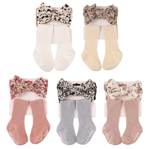 Aublinto Kinder baby säuglingssocken Haarbänder und Socken Bein-und Sockenschützer für Babys Mädchen weiche Haarbänder mit Blumenmuster und gestrickte Socken Neugeborene Kleinkinder von Aublinto