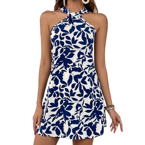 Aublinto Sommerkleider Damen Ärmellos Blumen Swing Strandkleider A-Linie Kleider Strandkleid Rüsche Maxikleid Leichte Lässige T-Shirt Strandkleid Ärmellos Blumen Sommerkleid Midikleid Strandkleid von Aublinto