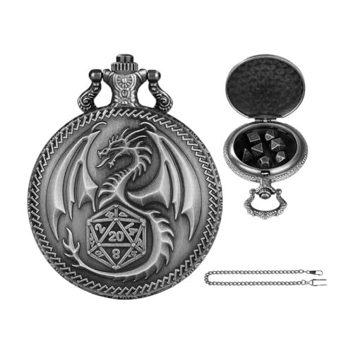 Aublinto Würfelschmuck-Taschenuhrgehäuse, Klappdeckel, Relief-Drachen-Taschenuhrgehäuse mit Kette, Taschenuhr-Aufbewahrungshalskette, Typ 2 von Aublinto