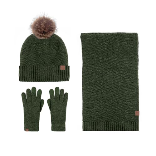 Aublinto mütze, Schal & Handschuh-Sets für Damen Beanie Mütze Damen Winter mit Bommel Fleece Gefütterte Touchscreen Handschuhe Schal Wärmer Mütze Damen 3 in 1 Set Touchscreen Handschuhe Skifahren von Aublinto