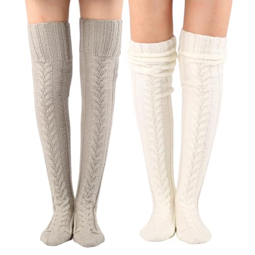 Damen Strümpfe Extra Lange Overknee Socken,Warme Wintersocken Grobstrick Socken Stricksocken Mädchen Kniestrümpfe Socken Overknee Strümpfe Strumpfhosen Winter Strümpfe Knitting(Cremeweiß + Grau) von Aublinto