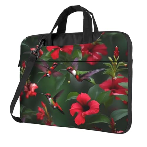 Aubnva Kolibris rote Blume Hibiskus Druck leichte vielseitige Büro-Arbeitstasche Stilvolle und funktionale Laptoptasche Damen Herren, Schwarz , 14 inch von Aubnva