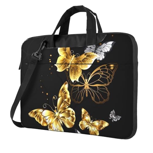 Aubnva Laptoptasche, goldfarben, weiß, Schmetterlinge, schwarzer Druck, leicht, vielseitig, Büro, Arbeit, stilvolle und funktionale Laptoptasche, für Damen und Herren, Schwarz , 14 inch von Aubnva