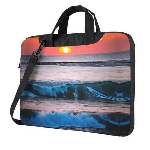 Sonnenuntergang und Sonnenaufgang mit Meereswellen-Druck, leicht, vielseitig, Büro-Arbeitstasche, stilvolle und funktionale Laptop-Tasche, für Damen und Herren, Schwarz , 14 inch von Aubnva