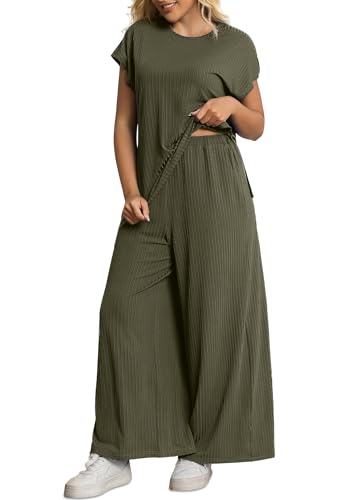 Auciccoo 2-teiliges Lounge-Set für Damen, Übergröße, Sommer, Flügelärmel, Oberteil, weites Bein, Hose, passendes Set, Sweatsuits, Outfits, Trainingsanzug, Grün (Army Green), 3X von Auciccoo
