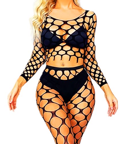 Aucute Damen Fischnetz Dessous-set Langarm Netzoben und Strumpfhose Set Sexy Club-Kostüme Schwarz von Aucute