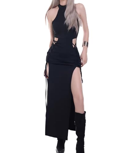 Aucute Damen High Split Mock Neck Goth Kleid, Aushöhlen Seite Crisscross Ärmellos Bodycon Rave Party Festival Outfits Schwarz, M von Aucute