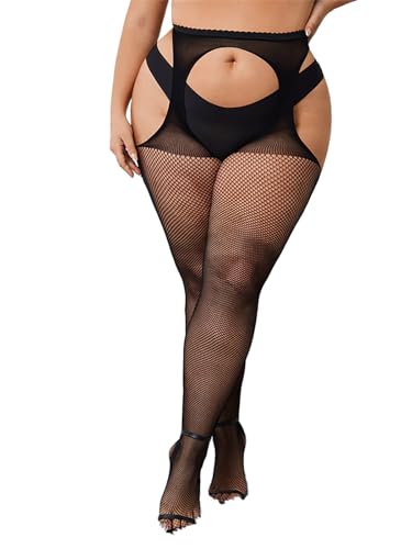 Aucute Damen Netzstrumpfhose, hohe Taille Spitze Hosenträger Strumpfhose, gemusterte Strümpfe in Übergröße, Schwarz101 von Aucute