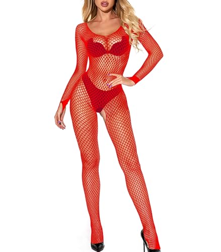 Aucute Fishnet Bodysuit Dessous für Frauen Ganzkörper Netzstrümpfe Rückenfreie Bodystocking Durchsichtiges Mesh Rave Outfits Einheitsgröße Rot von Aucute
