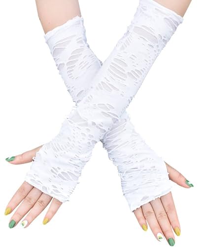 Aucute Unisex Gothic Fingerlose Handschuhe, Punk Torn Arm Warmers Broken Slit Ripped Glove für Halloween Cosplay Zubehör Lang Weiß von Aucute