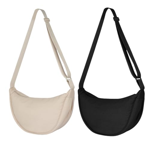 Aucuu 2 Stück Halbmondförmige Nylon-Umhängetasche für Damen (Cremefarben+Schwarz) von Aucuu