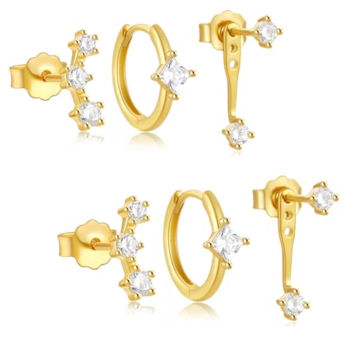 Aucuu 3 Paar Ohrringe Silber 925 Set für Damen, 14K Vergoldet Ohrringe Gold Set, Hypoallergen Klein Ohrstecker, Stapelbar Zirkonia Ohrstecker Ohrringe Creolen, Kleine Knorpel Ohrringe Mehrere Piercing von Aucuu