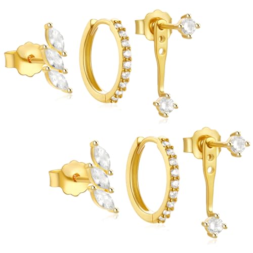 Aucuu 3 Paar Ohrringe Silber 925 Set für Damen, 14K Vergoldet Ohrringe Gold Set, Hypoallergen Klein Ohrstecker, Stapelbar Zirkonia Ohrstecker Ohrringe Creolen, Kleine Knorpel Ohrringe Mehrere Piercing von Aucuu