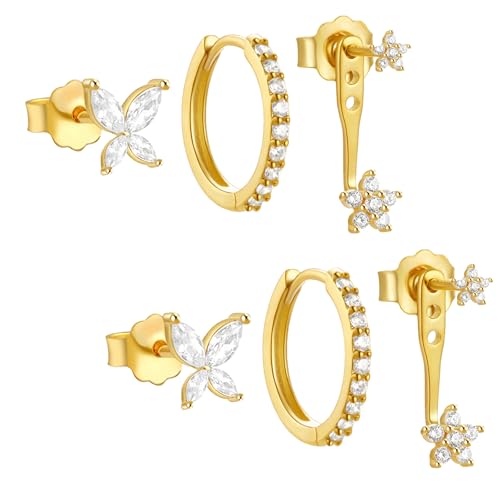 Aucuu 3 Paar Ohrringe Silber 925 Set für Damen, 14K Vergoldet Ohrringe Gold Set, Hypoallergen Klein Ohrstecker, Stapelbar Zirkonia Ohrstecker Ohrringe Creolen, Kleine Knorpel Ohrringe Mehrere Piercing von Aucuu