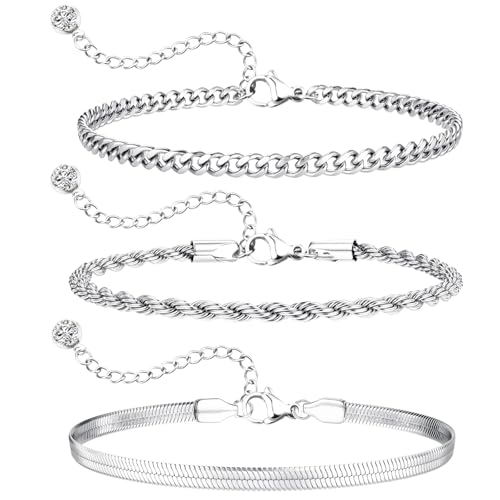 Aucuu Armband Damen, 2/3 Stück Ketten Armbander für Damen, Silver Armband Set, Damen Edelstahl Ketten Armbänder Set, Verstellbare Stapelbare Kettenarmband, Schmuck für Damen Frauen von Aucuu