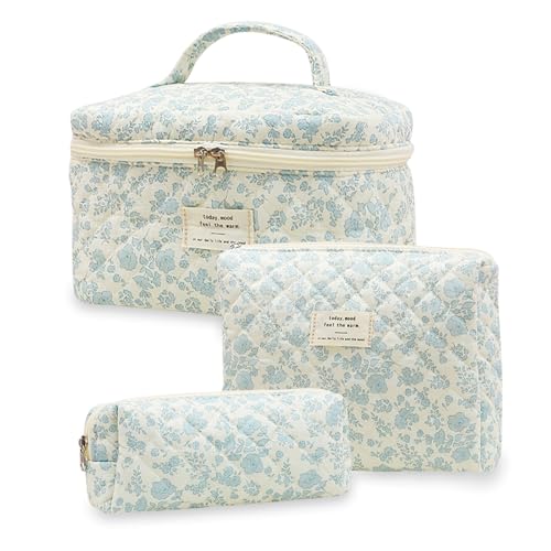 Aucuu 3PCS Set Kosmetiktasche, Reise Kosmetiktasche Set Damen, Kulturtasche Damen mit Blumenmuster, Gesteppte Kulturtasche, Kulturbeutel Make Up Tasche, Tragbare Schminktasche für Mädchen Frauen von Aucuu