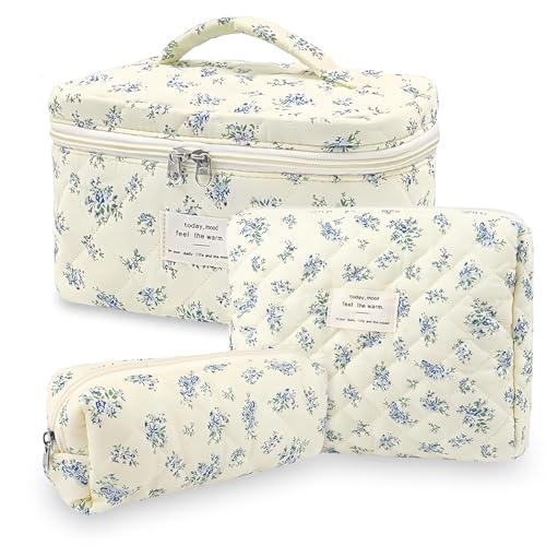 Aucuu 3PCS Set Kosmetiktasche, Reise Kosmetiktasche Set Damen, Kulturtasche Damen mit Blumenmuster, Gesteppte Kulturtasche, Kulturbeutel Make Up Tasche, Tragbare Schminktasche für Mädchen Frauen von Aucuu