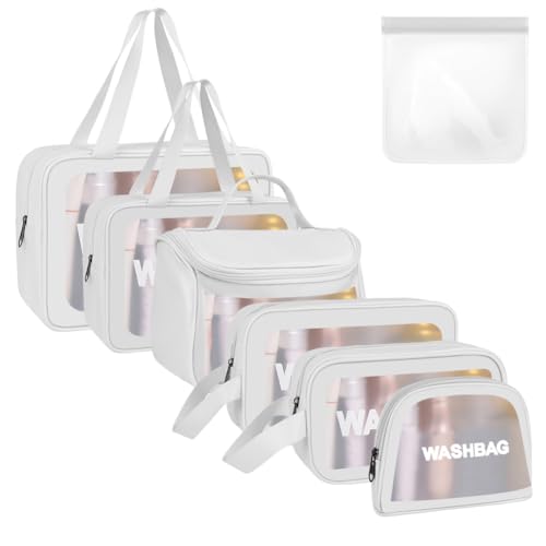 Aucuu Reise Kulturbeutel, Transparente Kosmetiktasche, PU-Leder PVC Kulturtasche Organizer, Tragbare Kultur Waschtasche, Reißverschluss Make up Tasche für Damen Männer 6PC (Weiß) von Aucuu