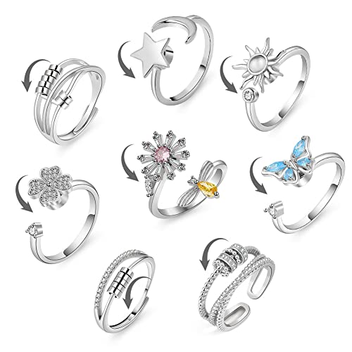 Aucuu 8 Stück Angst Spinning Ringe für Damen, 925 Silber Damenringe, Offener Ringe Fidget Spinner Ringe, Zirkonia Zappelringe, Verstellbare Stapelbare für Stress Abbauen von Aucuu