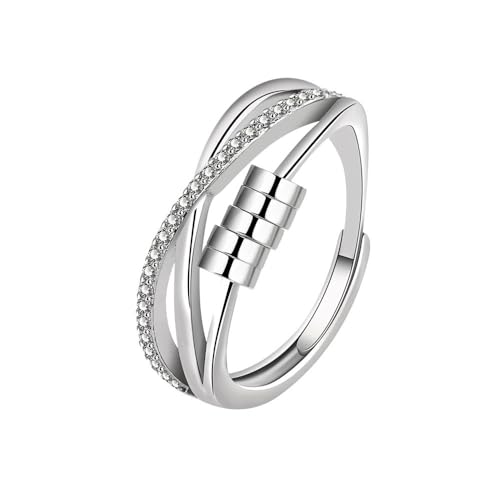 Aucuu Angst Spinning Ringe für Damen, Kupfer-versilberter Damenringe, Offener Ringe Fidget Spinner Ringe, Zirkonia Zappelringe, Verstellbare Stapelbare für Stress Abbauen von Aucuu