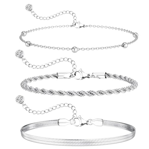 Aucuu Armband Damen, 3 Stück Ketten Armbander für Damen, Silver Armband Set, Damen Edelstahl Ketten Armbänder Set, Verstellbare Stapelbare Kettenarmband, Schmuck für Damen Frauen Aucuu Armband Damen, 3 Stück Ketten Armbander für Damen, Silver Armband Set, Damen Edelstahl Ketten Armbänder Set, Verstellbare Stapelbare Kettenarmband, Schmuck für Damen Frauen von Aucuu
