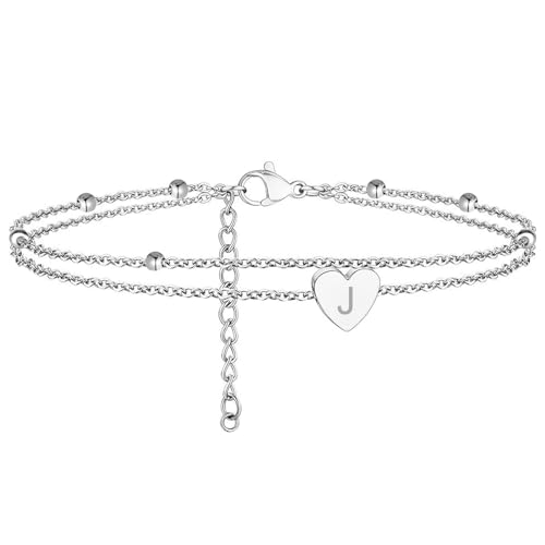 Aucuu Damen Buchstaben Fußkette Edelstahl, Verstellbare Fußkette für Damen, Fußkettchen Silber mit Herz Charms, Mädchen Fußschmuck für Sommer Strand Schmuck Geschenk, 22+5cm von Aucuu