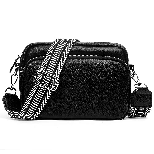 Aucuu Crossbody Bag Damen, Damen Handy Umhängetasche Echtes Leder, Kleine Umhängetasche Damen Breiter Gurt, Stylisch Schultertaschen, mit Breitem Schultergurt u 3 Fächern von Aucuu