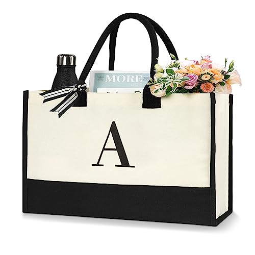 Aucuu Initiale Canvas Tragetasche, Tote Bag, Groß Canvas, Damen Handtasche, Einkaufstaschen mit Reißverschlusstaschen, Personalisierte Geschenktasche für Frau Mama Lehrer Buchstabe A von Aucuu