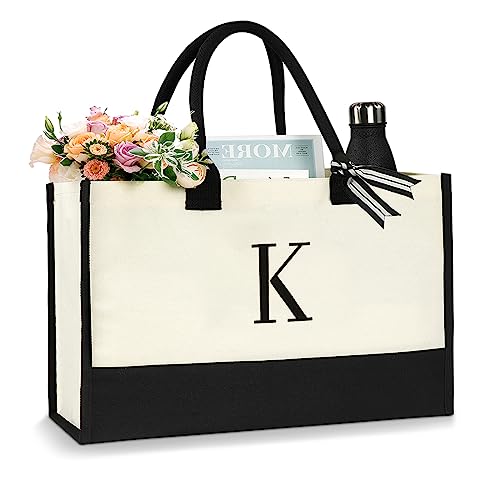 Aucuu Initiale Canvas Tragetasche, Tote Bag, Groß Canvas, Damen Handtasche, Einkaufstaschen mit Reißverschlusstaschen, Personalisierte Geschenktasche für Frau Mama Lehrer Buchstabe K von Aucuu