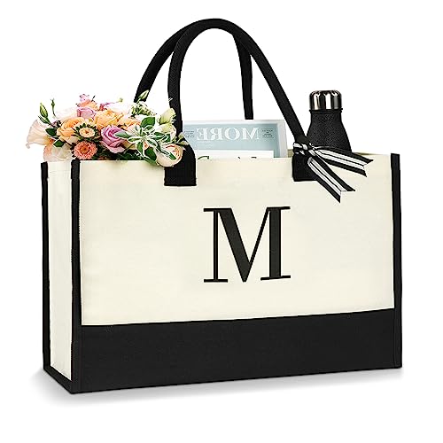 Aucuu Initiale Canvas Tragetasche, Tote Bag, Groß Canvas, Damen Handtasche, Einkaufstaschen mit Reißverschlusstaschen, Personalisierte Geschenktasche für Frau Mama Lehrer Buchstabe M von Aucuu