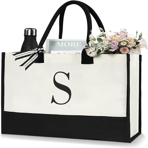 Aucuu Initiale Canvas Tragetasche, Tote Bag, Groß Canvas, Damen Handtasche, Einkaufstaschen mit Reißverschlusstaschen, Personalisierte Geschenktasche für Frau Mama Lehrer Buchstabe S von Aucuu