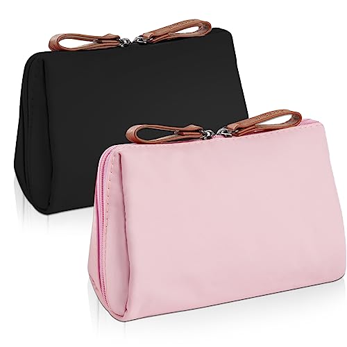 Aucuu Kosmetiktasche, 2 STK Kleine Make up Taschen mit Trennwand Tasche, Mini Reise Kulturbeutel mit Doppeltem Reißverschluss, Damen wasserdichte und Leichte Handtasche Kosmetiktasche（Schwarz&Rosa） von Aucuu