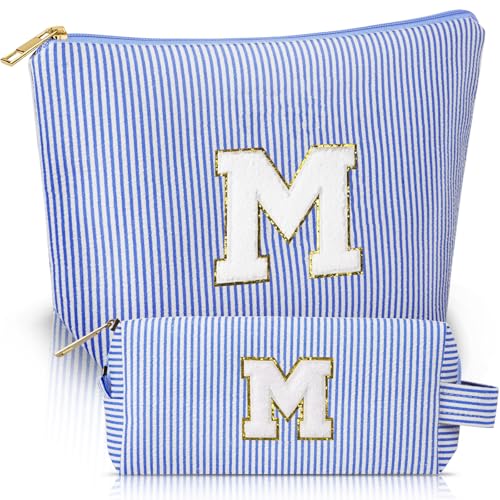 Aucuu Kosmetiktasche Damen, 2 Stück Initialen Make-up-Tasche, Cord-Reise Schminktasche, Reise Kulturbeutel, Tragbare Makeup Bag, Personalisierte Geschenke für Frauen Mädchen, Kosmetiktasche mit M von Aucuu