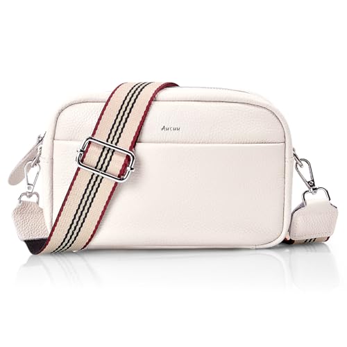 Aucuu Echtes Leder Crossbody Bag, Leder Crossbody Bag Damen, Damen breiter Gurt umhängetasche, Damen Kleine Umhängetasche-Ausgewähltes Rindsleder der ersten Schicht mit 3 Stück Schultergurten, Weiß von Aucuu