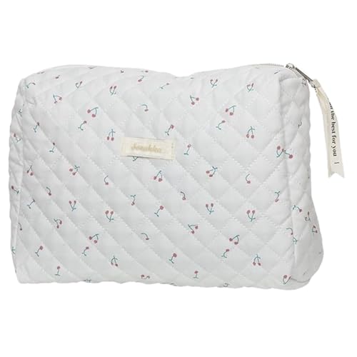 Aucuu Reise Kosmetiktasche, Coquette Make-up-Tasche, Gesteppte Kulturtasche Damen, Kosmetiktasche Groß Kapazität, Baumwolle Make-up Tasche mit Blumenmuster für Kinder Damen Herren (Weiß Kirsche) von Aucuu