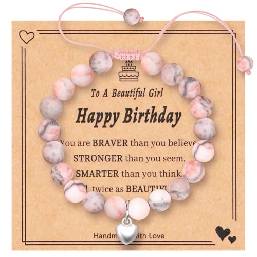 Aucuu Naturstein Armband - Rosa Stretch Perlen Mit Herzanhänger, Charme Für Frauen Mädchen Schmuck Geschenk von Aucuu