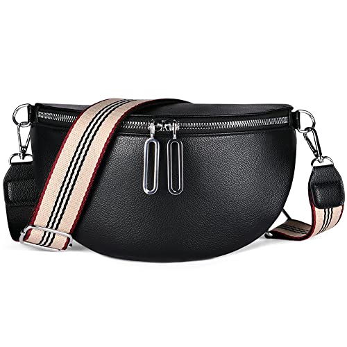 Aucuu PU Leder Crossbody Bag, Bauchtasche Damen, Tasche mit Breitem Schultergurt, Umhängetasche Damen mit Reißverschluss und Abnehmbar Schultergurt, Klein Modern, Schwarz von Aucuu