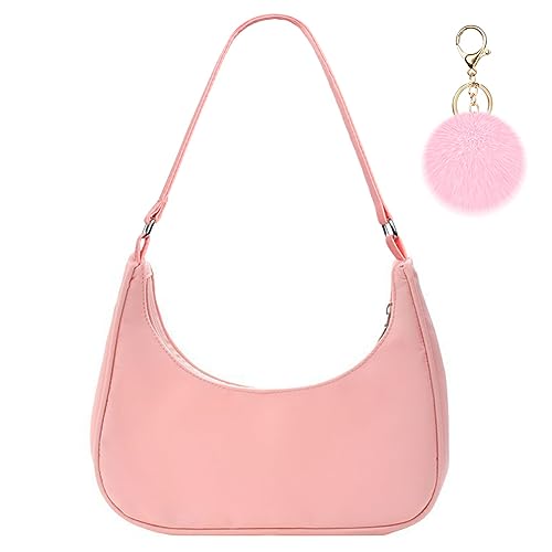 Aucuu Umhängetasche Damen Handtasche, Nylon Retro Achsel Tasche mit Pom-Pom-Schlüsselanhänger, Y2k Fashion Unterarmtasche mit Reißverschluss-Geschenk für Weihnachten und Geburtstag, Weiß von Aucuu