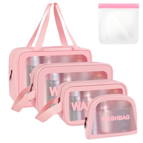 Aucuu Reise Kulturbeutel, Transparente Kosmetiktasche, PU-Leder PVC Kulturtasche Organizer, Tragbare Kultur Waschtasche, Reißverschluss Make up Tasche für Damen Männer 4PC (Rosa) von Aucuu