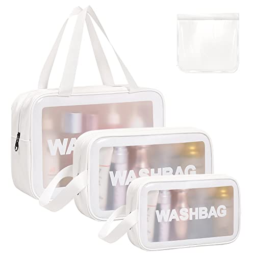 Aucuu Reise Kulturbeutel, Transparente Kosmetiktasche, PVC Kulturtasche, Tragbare Kultur Waschtasche, Reißverschluss Make up Tasche für Damen Kinder Männer Business Badezimmer 4PC (Weiß) von Aucuu