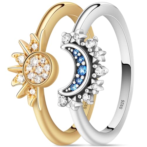 Aucuu Sonne Mond Ring Gold Silber Set, Verstellbar Matching Rings Freundschaftsringe Sonne und Mond Ring, Ringe Frauen Silber 925, Sun and Moon Ring Set, Dupes Schmuck Geschenk für Damen Frauen von Aucuu