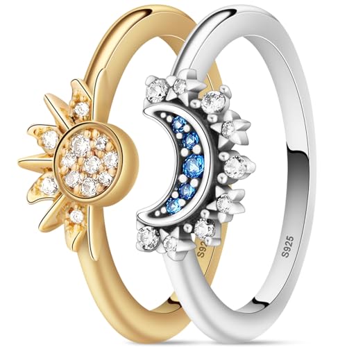 Aucuu Sonne Mond Ring Gold Silber Set, Matching Rings Freundschaftsringe Sonne und Mond Ring, Ringe Frauen Silber 925, Sun and Moon Set, Dupes Schmuck Geschenk für Damen Frauen von Aucuu