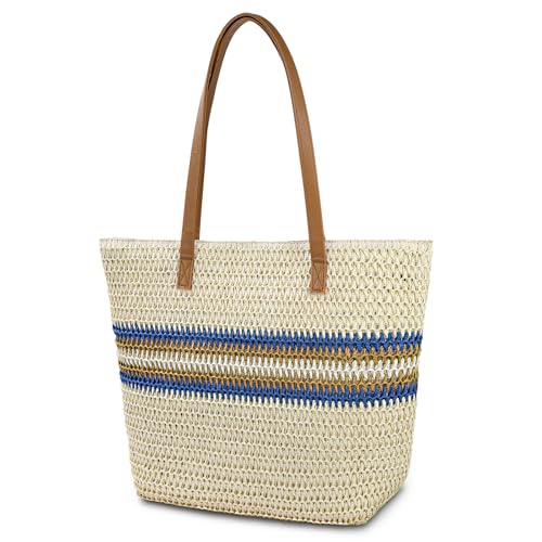 Aucuu Strohtasche, Strandtasche Damen, Stroh Handtasche mit Ledergriffe und Reißverschluss, Groß Schultertasche Umhängetasche für Urlaub Reisen Strand Sommer von Aucuu