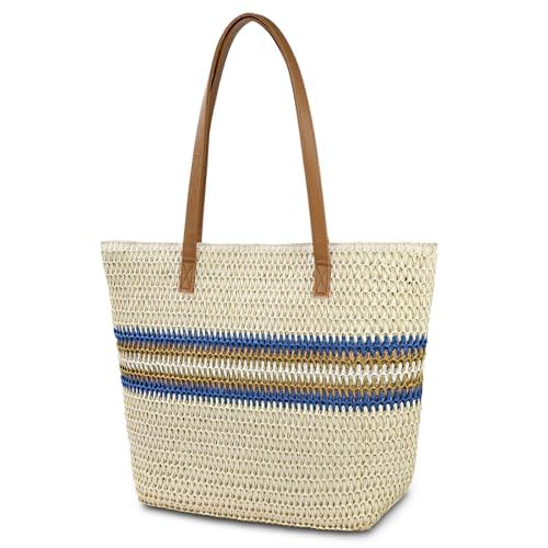 Aucuu Strohtasche, Stroh Strandtasche für Frauen, Strandtasche Damen, Stroh Handtasche mit Ledergriffe und Reißverschluss, Groß Schultertasche Umhängetasche für Urlaub Reisen Strand Sommer von Aucuu
