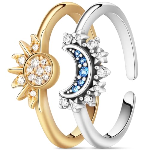 Aucuu Sonne Mond Ring Gold Silber Set, Verstellbar Matching Rings Freundschaftsringe Sonne und Mond Ring, Ringe Frauen, Sun and Moon Ring Set, Dupes Schmuck Geschenk für Damen Frauen von Aucuu